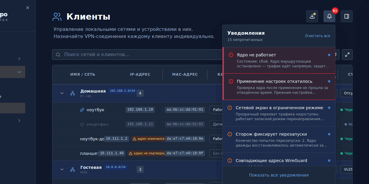 Колокол уведомлений: список активных сигналов с кнопками перехода