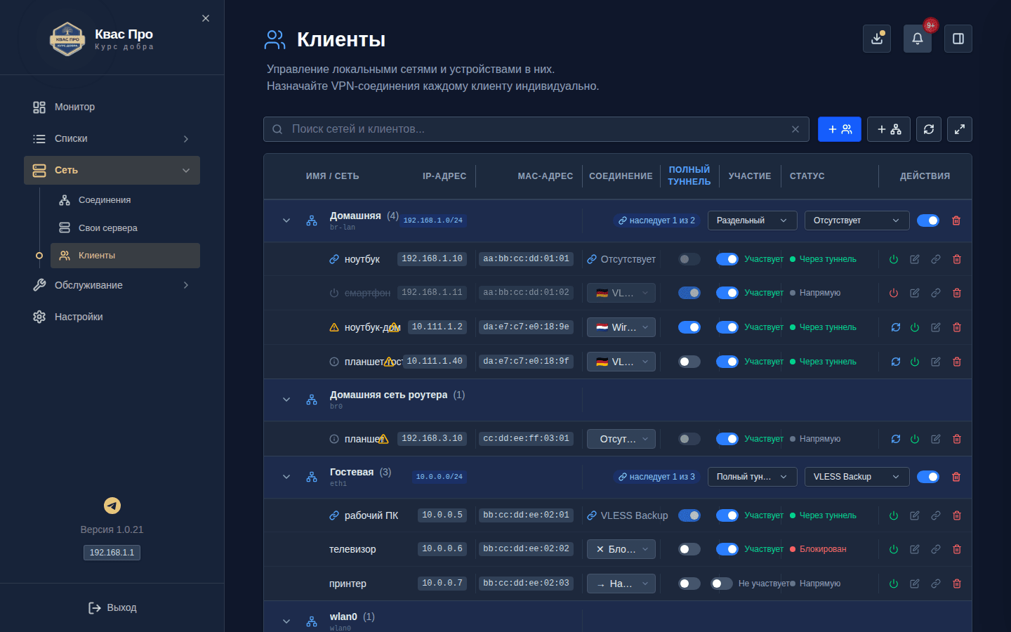 Экран «Клиенты»: сети и устройства