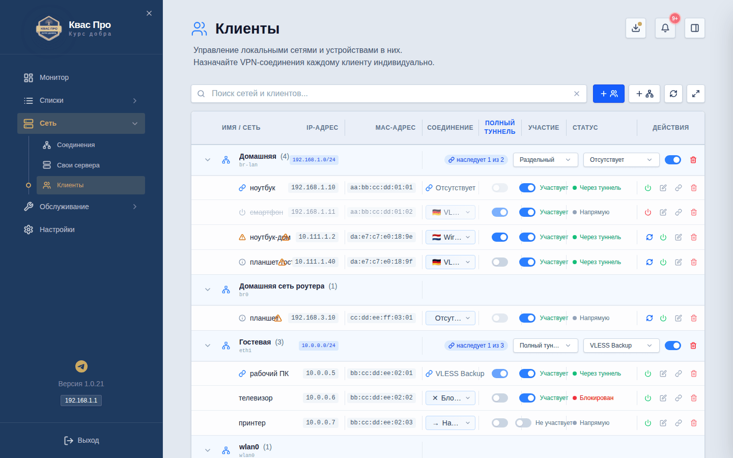 Экран «Клиенты»: сети и устройства
