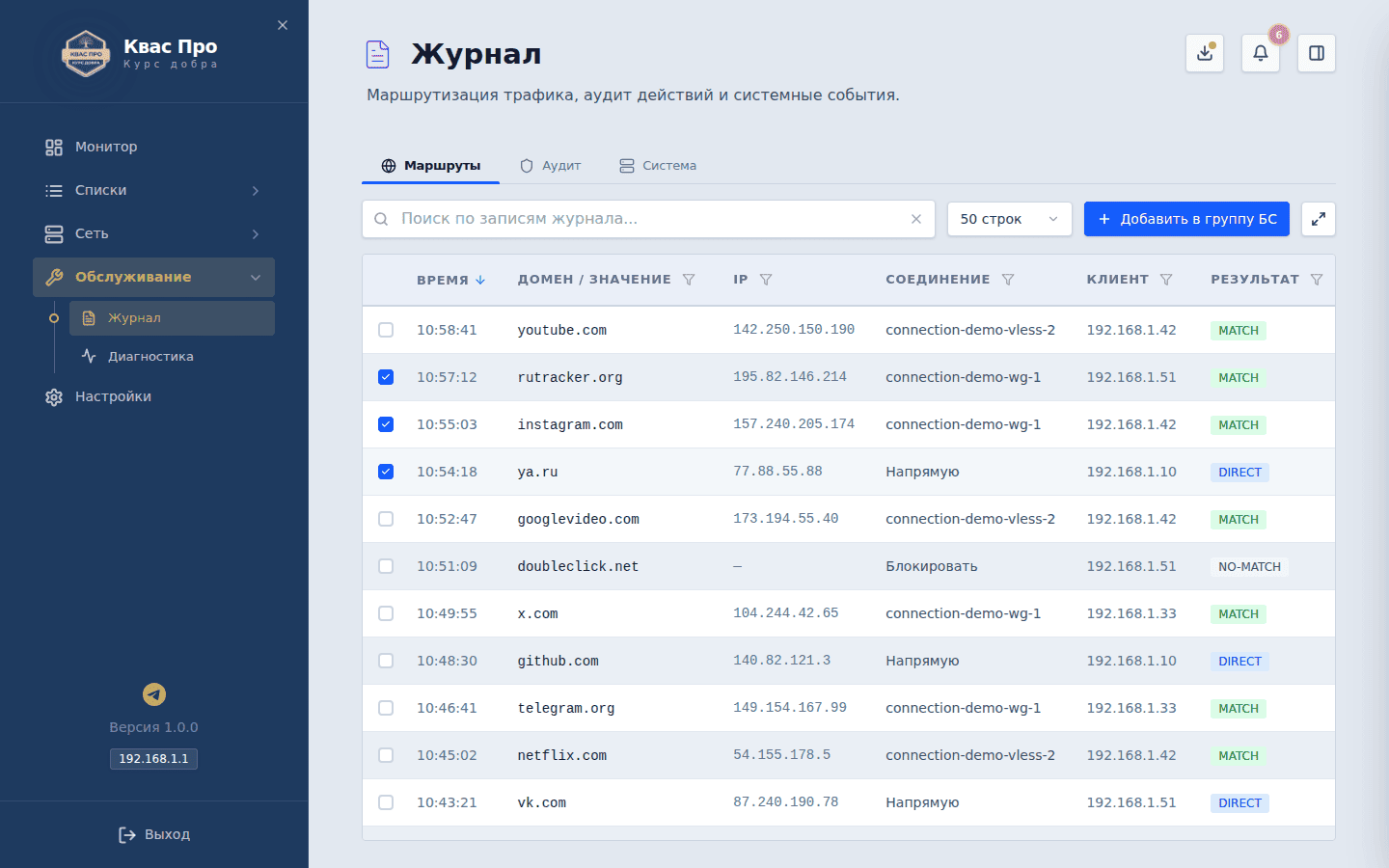 Журнал, вкладка «Маршруты»: отмечены строки с доменами и адресами, над таблицей появилась кнопка «Добавить в группу БС»